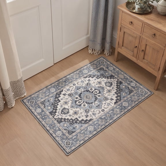 KUETH 2x3 Soft Oriental Persian Accent Rug, Machine Washable Low Pile Non Slip Backing Rug, AZURE Rug for Entryway Kitchen