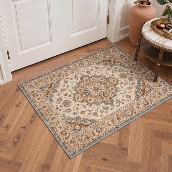KUETH 2x3 Soft Vintage Persian Accent Rug, Machine Washable Low Pile Non Slip Backing Rug, Dusty Beige Rug for Entryway Kitchen