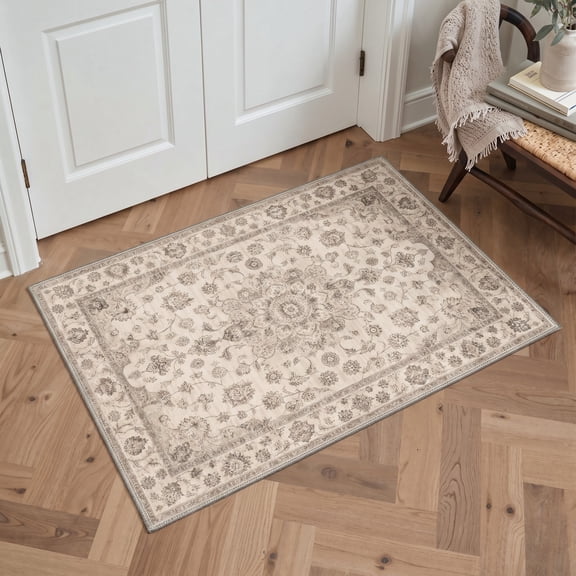 KUETH 2x3 Soft Vintage Persian Accent Rug, Machine Washable Low Pile Non Slip Backing Rug, QUARTZECHO Rug for Entryway Kitchen
