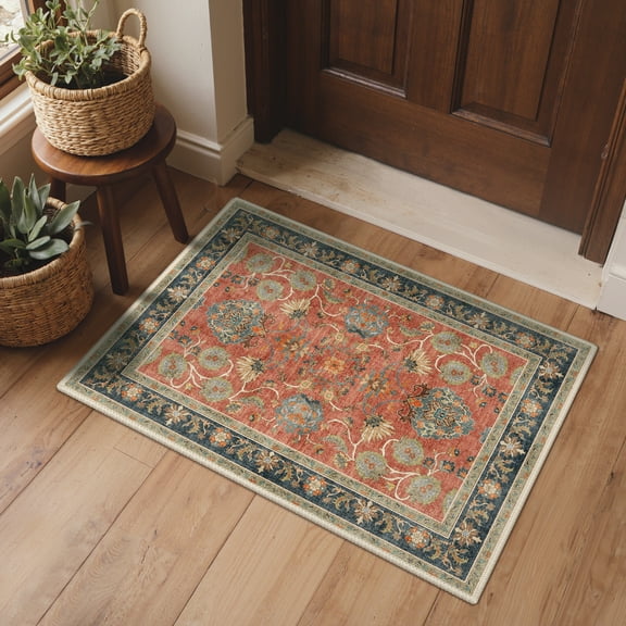 KUETH 2x3 Vintage Floral Area Rugs Machine Washable Rugs for Living Room, Non Slip Flat Pile Rug with Rubber Backing, Boho Rug for Entryway Bedroom Dining Room Home Office