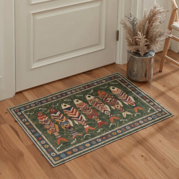 KUETH 2x3 Washable Area Rug, Non Slip Flat Pile Door Mat Rug with Fish Pattern for Entryway Kitchen Bathroom, Pet Friendly