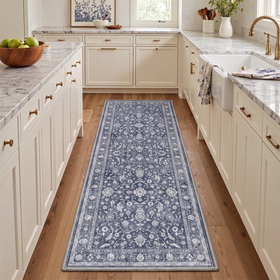 KUETH 2x6 Classic Vintage Hallway Runner Rug, Machine Washable Soft Low Pile Non Slip Backing Rug Runner, Dusty Navy Rug for Kitchen Bedroom