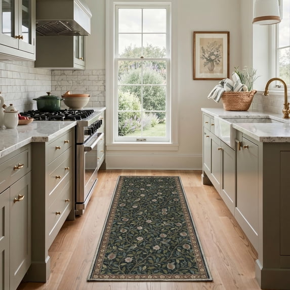 KUETH 2x6 Low Pile Art Style Runner Rug, Machine Washable Soft Non Slip Backing Rug Runner, TEAL BLOOM Rug for Hallway Kitchen Bedroom