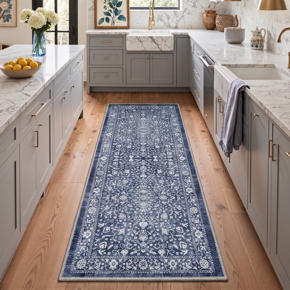 KUETH 2x6 Machine Washable Flat Pile Runner Rug with Rubber Backing, Vintage Persian Deep Blue Floral Carpet Runner for Kitchen Hallway and Bedroom