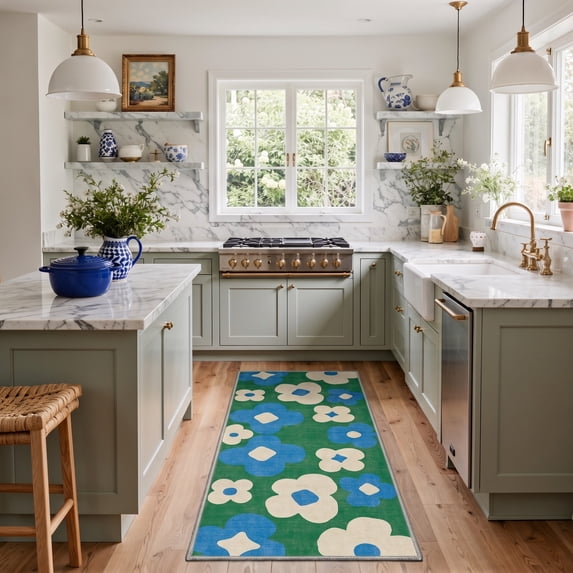 KUETH 2x6 Machine Washable Floral Runner Rug, Soft Low Pile Non Slip Backing Rug Runner, TEAL BLOOM Rug for Hallway Kitchen Bedroom