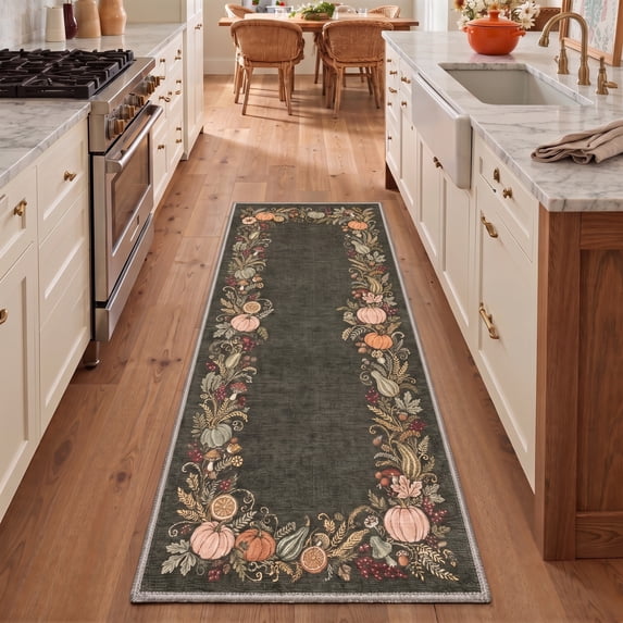 KUETH 2x6 Machine Washable Modern Floral Runner Rug, Soft Low Pile Non Slip Backing Rug Runner, OCHRE BLOOM Rug for Hallway Kitchen Bedroom