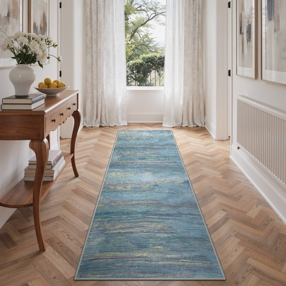 KUETH 2x7 Area Rug Blue Abstract Area Rug, Machine Washable Vintage Distressed Throw Rug with Non-Slip Gripper, Modern Aesthetic Carpet for Bedroom Living Room