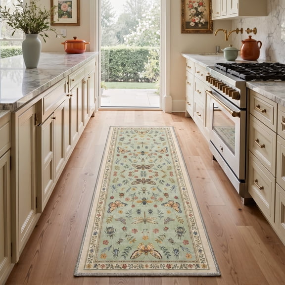 KUETH 2x7 Low Pile Modern Organic Runner Rug, Machine Washable Soft Non Slip Backing Rug Runner, JADE BLOOM Rug for Hallway Kitchen Bedroom