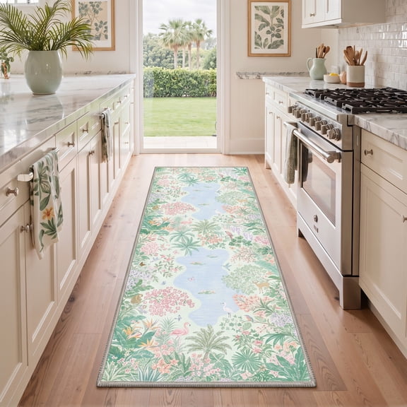 KUETH 2x7 Machine Washable Floral Runner Rug, Soft Low Pile Non Slip Backing Rug Runner, Pastel Mint Rug for Hallway Kitchen Bedroom