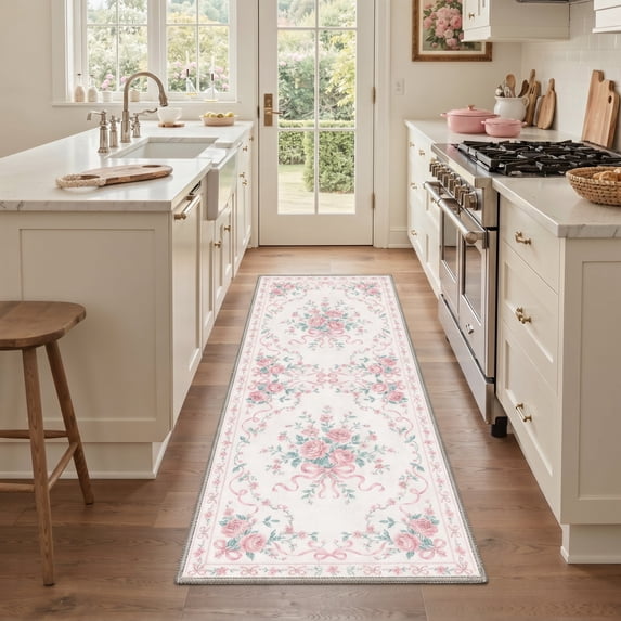 KUETH 2x7 Machine Washable Modern Floral Runner Rug, Soft Low Pile Non Slip Backing Rug Runner, Blush Pink Rug for Hallway Kitchen Bedroom