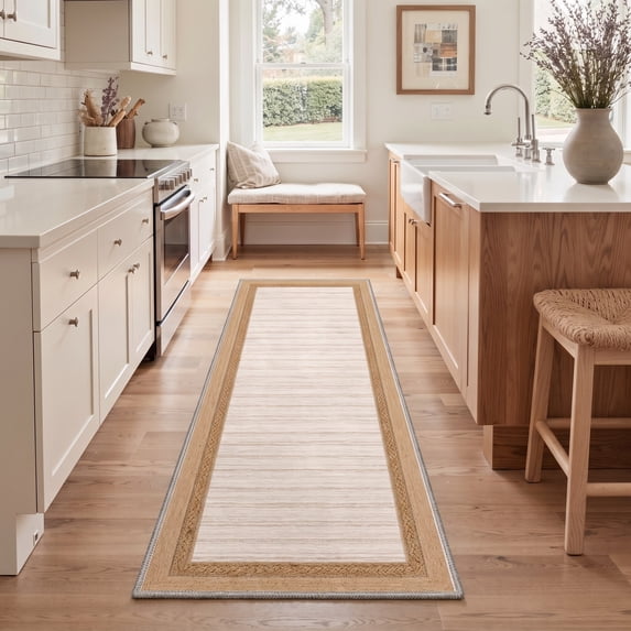 KUETH 2x7 Machine Washable Neutral Modern Runner Rug, Soft Low Pile Non Slip Backing Rug Runner, Natural Beige Rug for Hallway Kitchen Bedroom