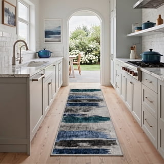 KUETH 2x7 Machine Washable Low Pile Abstract Runner Rug, Soft Low Pile Non Slip Backing Rug Runner, Dusty Blue Rug for Hallway Kitchen Bedroom