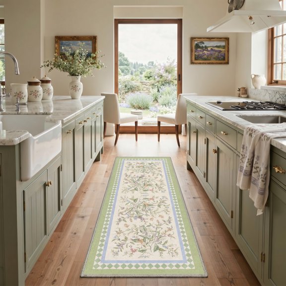 KUETH 2x7 Soft Botanical Style Runner Rug, Machine Washable Low Pile Non Slip Backing Rug Runner, Mint Cream Rug for Hallway Kitchen