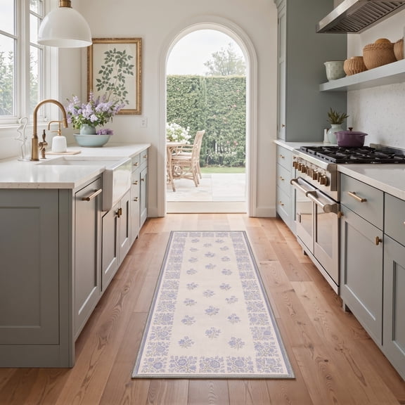 KUETH 2x7 Vintage Floral Hallway Runner Rug, Machine Washable Soft Low Pile Non Slip Backing Rug Runner, Dusty Lavender Rug for Kitchen Bedroom