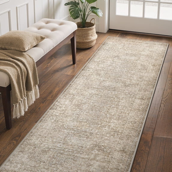 KUETH 2x7 Vintage Runner Rug Machine Washable, Kitchen Runner Rug for Floor and Hallway, Non Slip Flat Pile Area Rug with Rubber Backing for Entryway Bathroom Bedroom Laundry