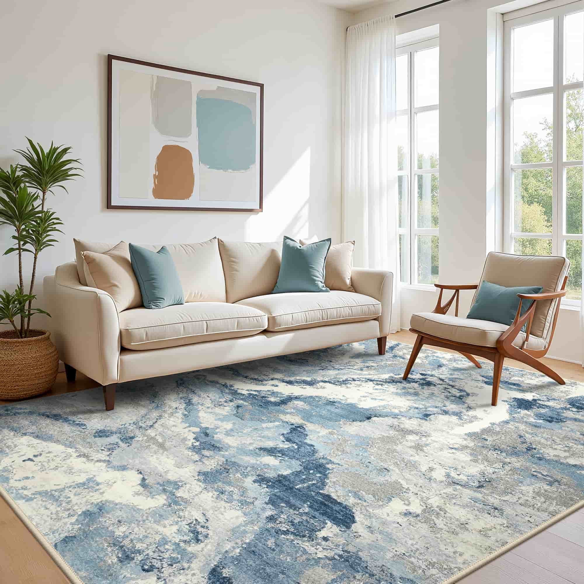 KUETH 3×5 Area Rug Washable for Living Room, Large Blue Print Pattern Modern Abstract Soft Non Slip Low Pile Indoor Rug, Bedroom, Dinning Room