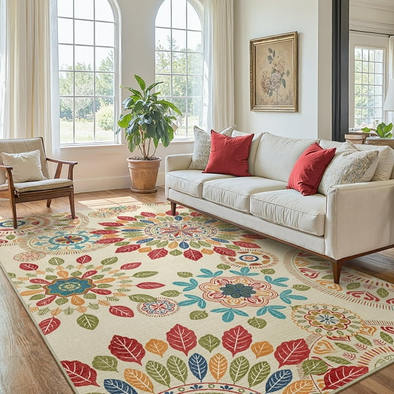 KUETH 3'x5' Area Rugs for Living Room, Non Slip Machine Washable Vintage Indoor Rug, Ultra Thin Chenille Print Rug for Bedroom Dining Room Home Office