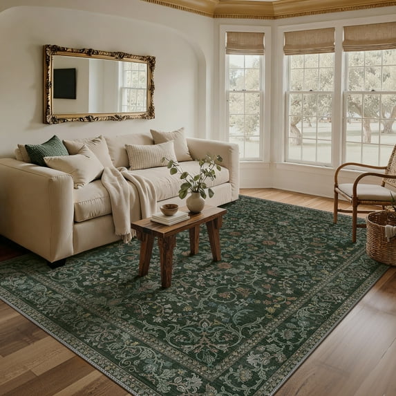 KUETH 3'x5' Area Rugs for Living Room, Non Slip Machine Washable Vintage Indoor Rug, Low Pile Chenille Print Rug for Bedroom Dining Room Home Office