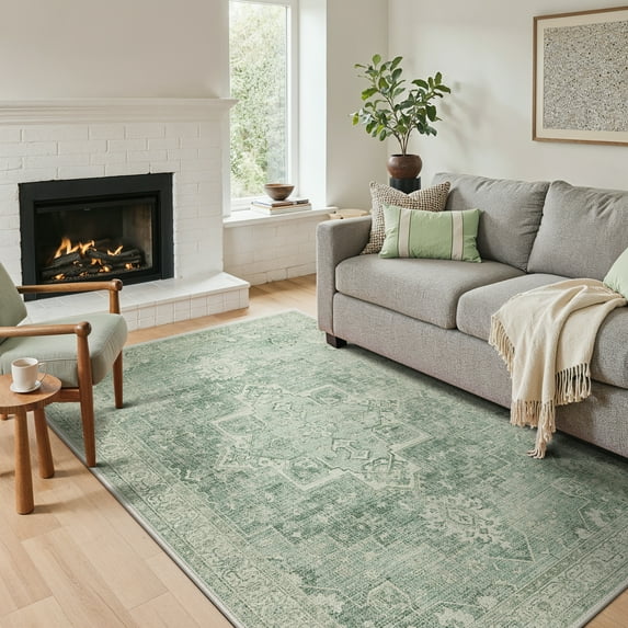 KUETH 3'x5' Area Rugs for Living Room, Non Slip Machine Washable Vintage Indoor Rug, Low Pile Chenille Print Rug for Bedroom Dining Room Home Office