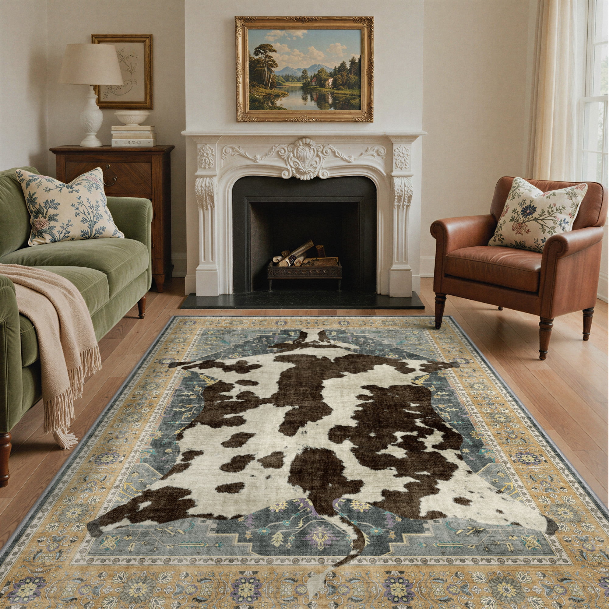 KUETH 3'x5' Cow Area Rugs for Living Room, Non Slip Machine Washable Vintage Boho Rug, Low Pile Print Rug for Bedroom Dining Room Home Office