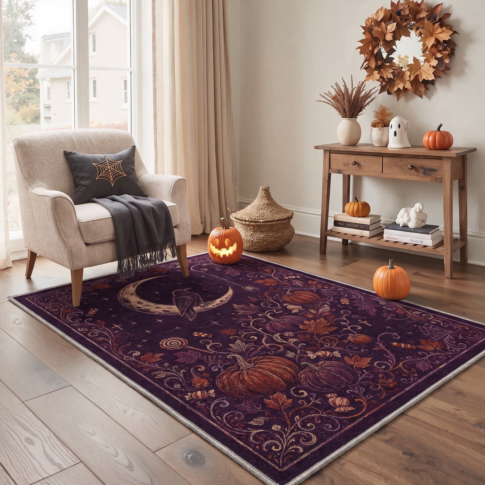Moon Patterned Rugs KUETH 3'x5' Halloween Machine Washable Area Rug, Non-Slip Moon Rugs for ...