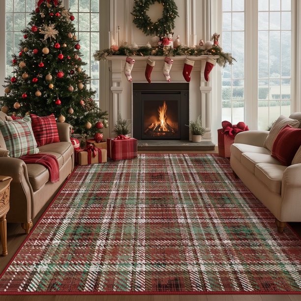 Christmas Area Rugs For Living Room Bedroom Xmas Themed Plaid Festival Winter Decorations Rugs Soft Foldable Accent Rug