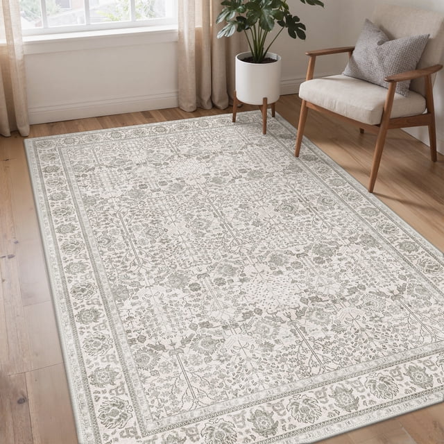 KUETH 3x5 Vintage Area Rugs Machine Washable Rugs for Living Room, Non Slip Flat Pile Rug with Rubber Backing, Boho Rug for Entryway Bedroom Dining Room Home Office