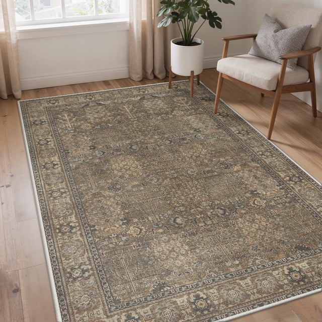 KUETH 3x5 Vintage Area Rugs Machine Washable Rugs for Living Room, Non Slip Flat Pile Rug with Rubber Backing, Boho Rug for Entryway Bedroom Dining Room Home Office