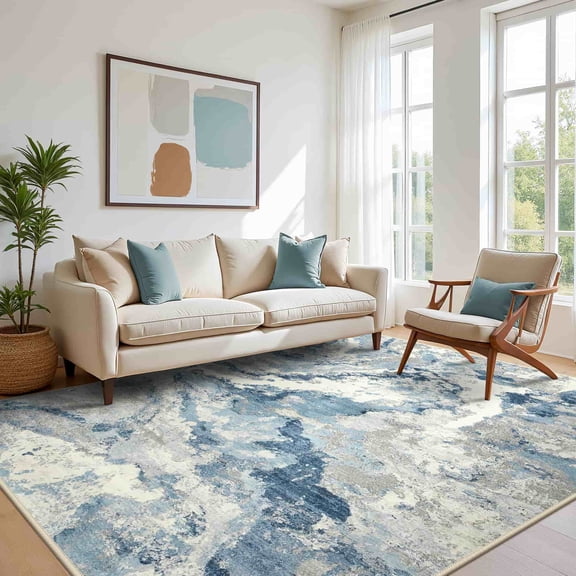 KUETH 5×7 Area Rug Washable for Living Room, Large Blue Print Pattern Modern Abstract Soft Non Slip Low Pile Indoor Rug, Bedroom, Dinning Room