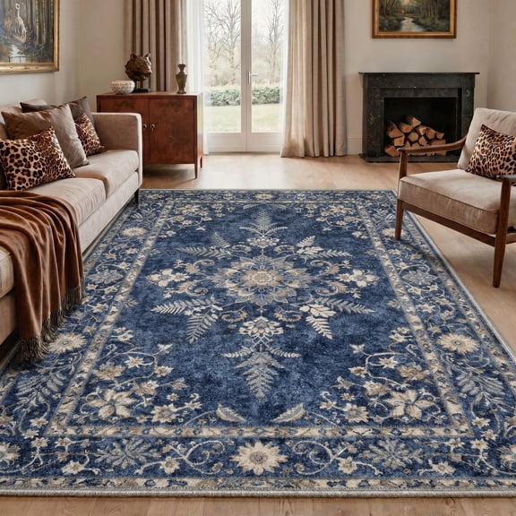 KUETH 5'X7' Vintage Area Rugs Machine Washable Rugs for Living Room, Non Slip Flat Pile Rug with Rubber Backing, Boho Rug for Entryway Bedroom Dining Room Home Office