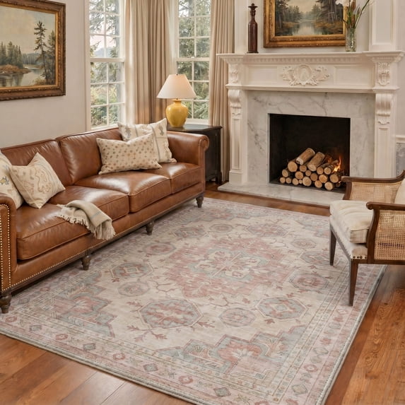 KUETH 5'X7' Vintage Area Rugs Machine Washable Rugs for Living Room, Non Slip Flat Pile Rug with Rubber Backing, Boho Rug for Entryway Bedroom Dining Room Home Office