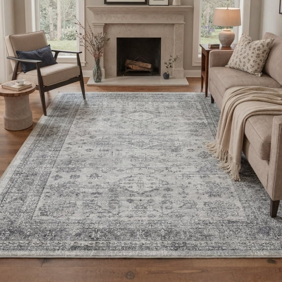 KUETH 5'X7' Vintage Area Rugs Machine Washable Rugs for Living Room, Non Slip Flat Pile Rug with Rubber Backing, Boho Rug for Entryway Bedroom Dining Room Home Office