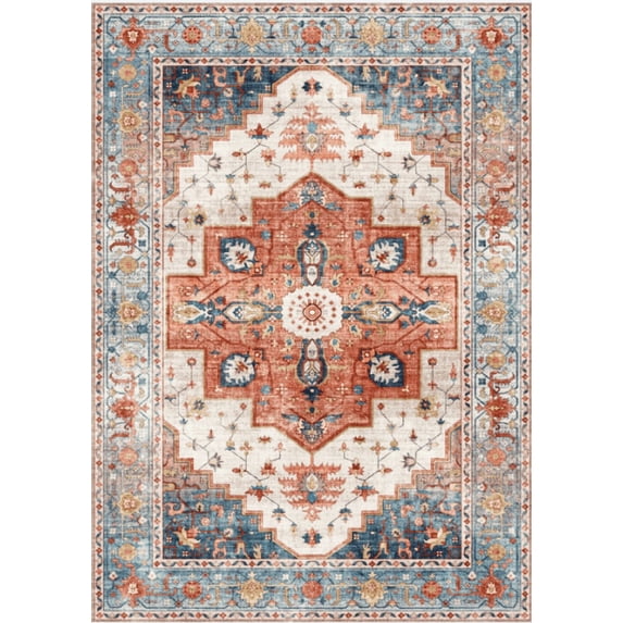 KUETH 5'X7' Vintage Area Rugs Machine Washable Rugs for Living Room, Non Slip Flat Pile Rug with Rubber Backing, Boho Rug for Entryway Bedroom Dining Room Home Office