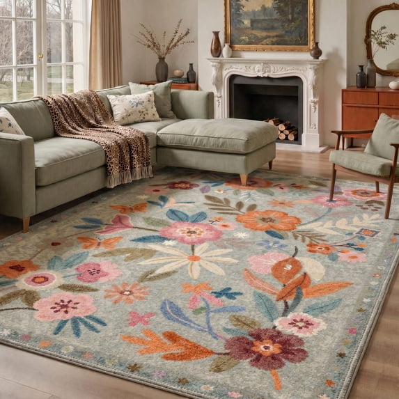 KUETH 5'X7' Vintage Floral Area Rugs Machine Washable Rugs for Living Room, Non Slip Flat Pile Rug with Rubber Backing, Boho Rug for Entryway Bedroom Dining Room Home Office