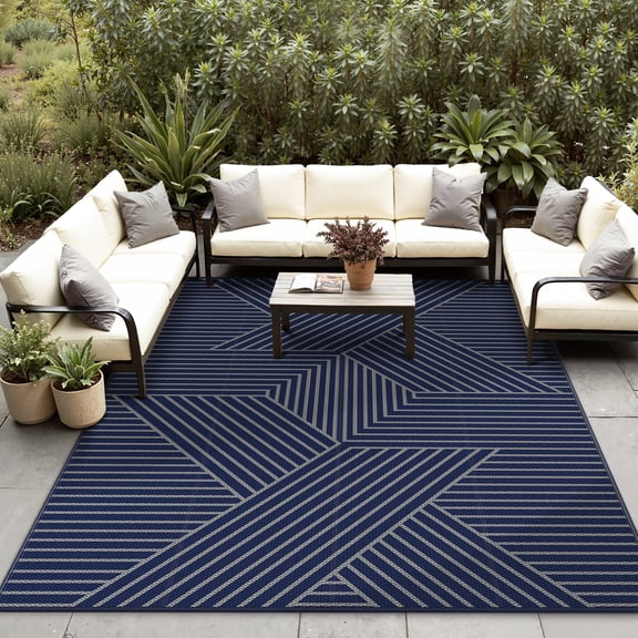 KUETH 5'x 8' Outdoor Rug Plastic Foldable Waterproof Outside Carpet UV Resistant Geometric Patio RV Deck Mat,BLUE GREY