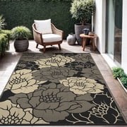 KUETH 5'x 8' Outdoor Rug Plastic Waterproof Outside Foldable Flower Mat UV Resistant Patio RV Deck Carpet,BLACK BEIGE