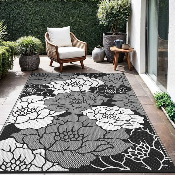 KUETH 5'x 8' Outdoor Rug Plastic Waterproof Outside Foldable Flower Mat UV Resistant Patio RV Deck Carpet,Black White