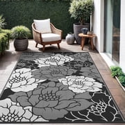 KUETH 5'x 8' Outdoor Rug Plastic Waterproof Outside Foldable Flower Mat UV Resistant Patio RV Deck Carpet,Black White