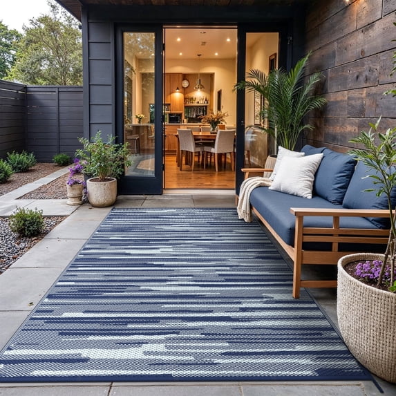 KUETH 5' x 8' Reversible Outdoor Rug Waterproof Foldable Plastic Camping Mat for Patio Yard Balcony RV, Blue & White