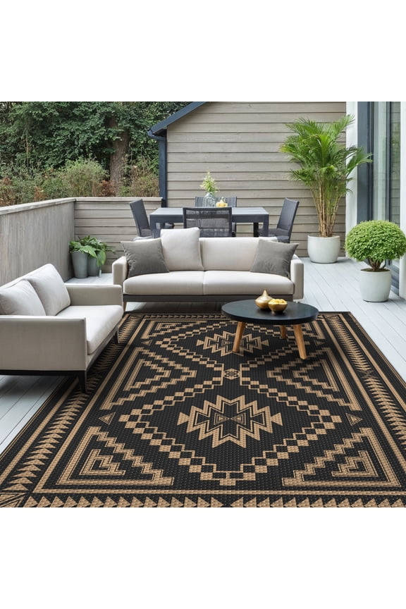 5' x 8' Outdoor Rug Waterproof for Patio Carpet Plastic Reversible Straw Outdoor Rug for Camping Picnic Geometric Mat ,Black & Brown