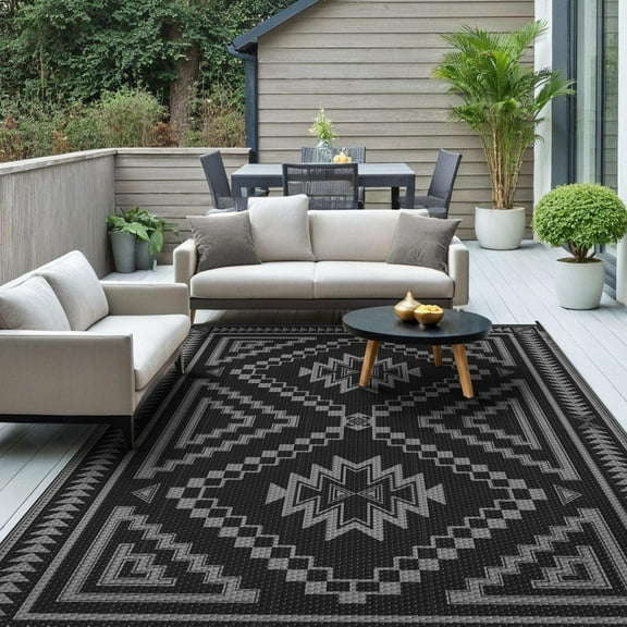 KUETH 5' x 8' Outdoor Rug Waterproof for Patio Carpet Plastic Reversible Straw Outdoor Rug for Camping Picnic Geometric Mat ,Black & Gray