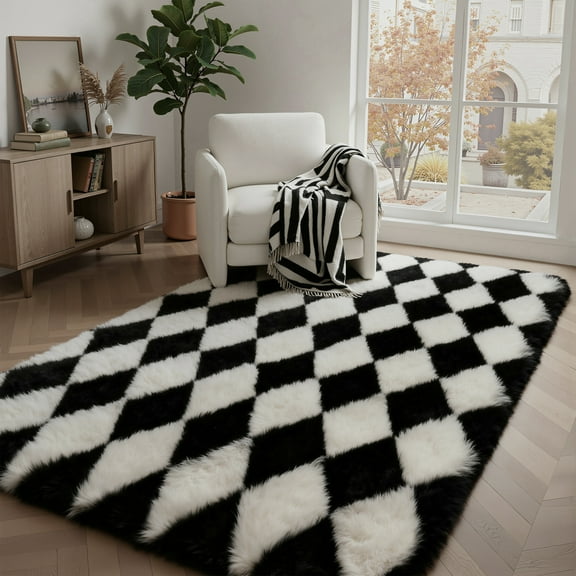 KUETH 5'x7' Fluffy Shag Washable Area Rug for Living Room Modern Geometric