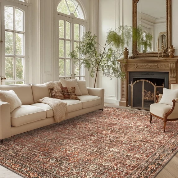 KUETH 5'x7' Area Rugs for Living Room, Non Slip Machine Washable Vintage Indoor Rug, Low Pile Chenille Print Rug for Bedroom Dining Room Home Office