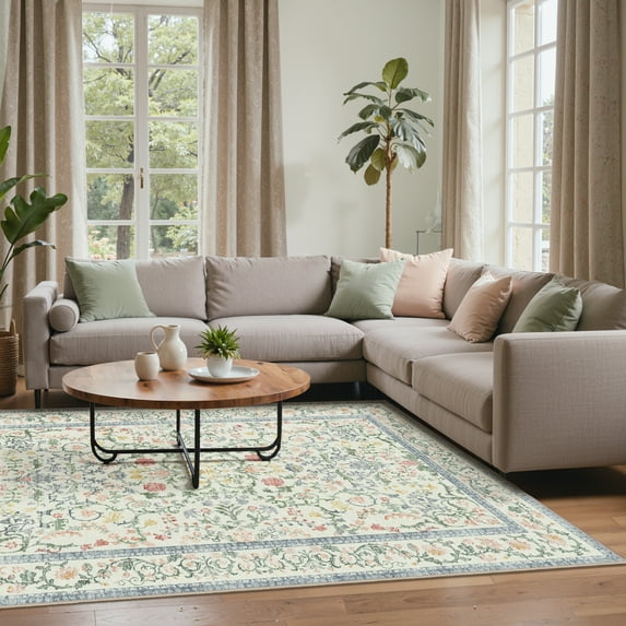 KUETH 5'x7' Area Rugs for Living Room, Non Slip Machine Washable Vintage Indoor Rug, Low Pile Chenille Print Rug for Bedroom Dining Room Home Office