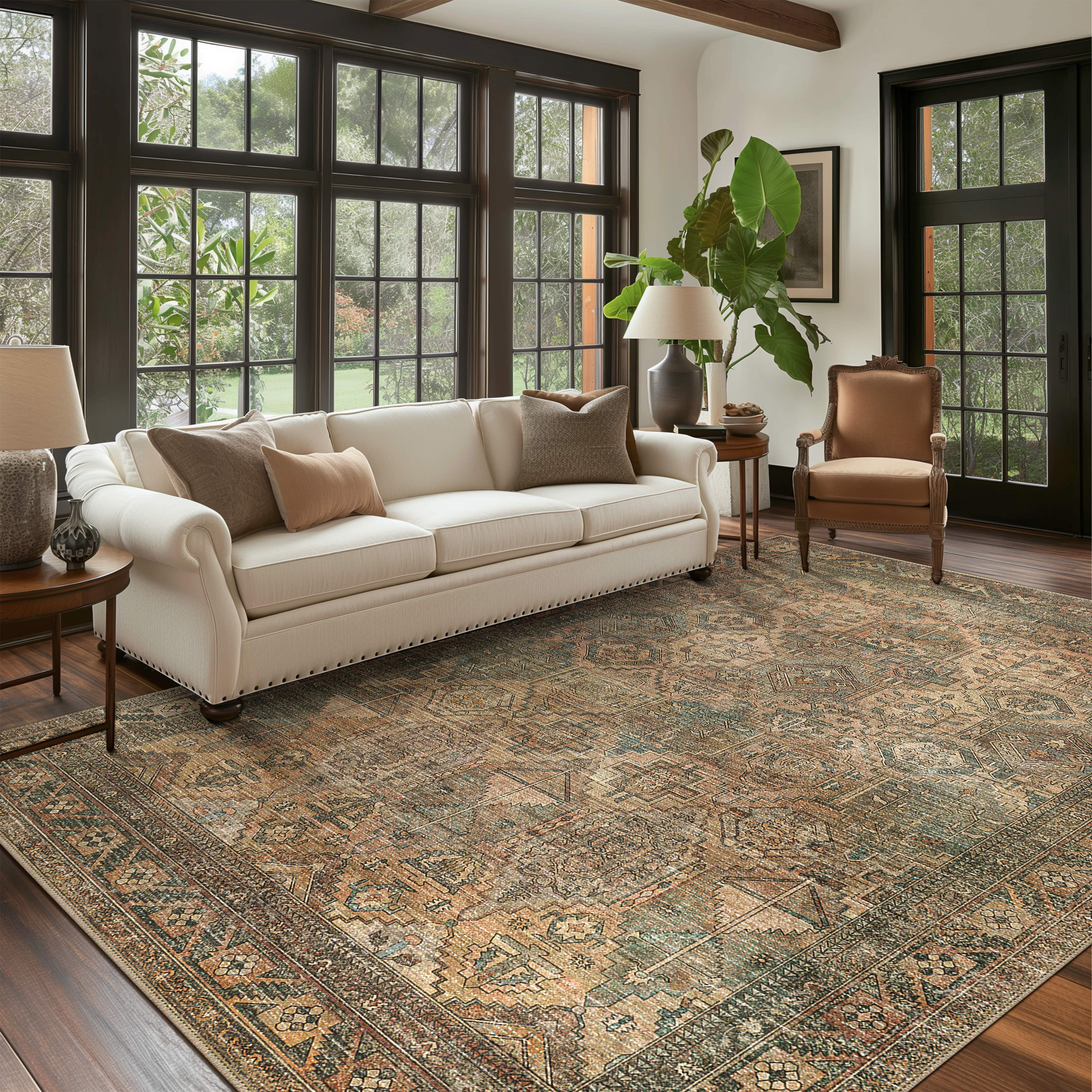 KUETH 5'x7' Washable Area Rug, Low-Profile Chenille, Vintage