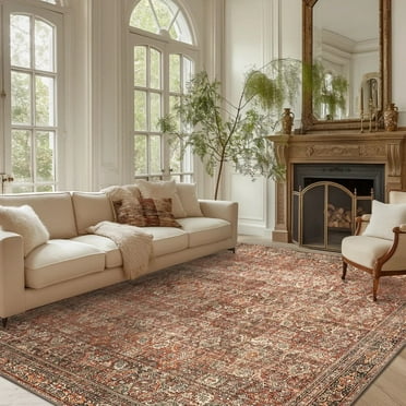 KUETH 5'x7' Area Rugs for Living Room, Non Slip Machine Washable Vintage Indoor Rug, Low Pile Chenille Print Rug for Bedroom Dining Room Home Office
