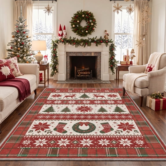 KUETH 5'x7' Christmas Machine Washable Area Rug, Non-Slip Rugs for Living Room, Bedroom and Dining Area, Beige
