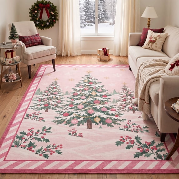 KUETH 5'x7' Christmas Machine Washable Area Rug, Non-Slip Rugs for Living Room, Bedroom and Dining Area, Pink