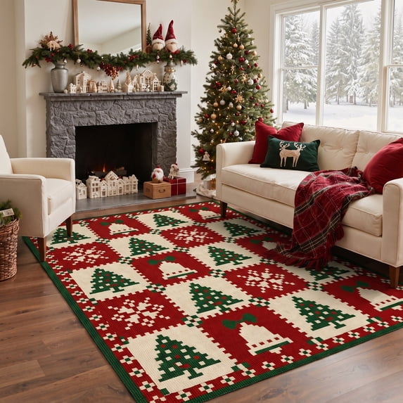 KUETH 5'x7' Christmas Machine Washable Area Rug, Non-Slip Rugs for Living Room, Bedroom and Dining Area, Red