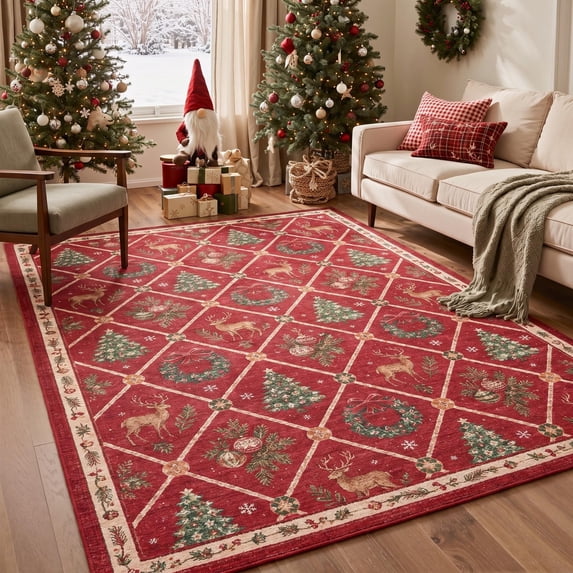 KUETH 5'x7' Christmas Machine Washable Area Rug, Non-Slip Rugs for Living Room, Bedroom and Dining Area, Red